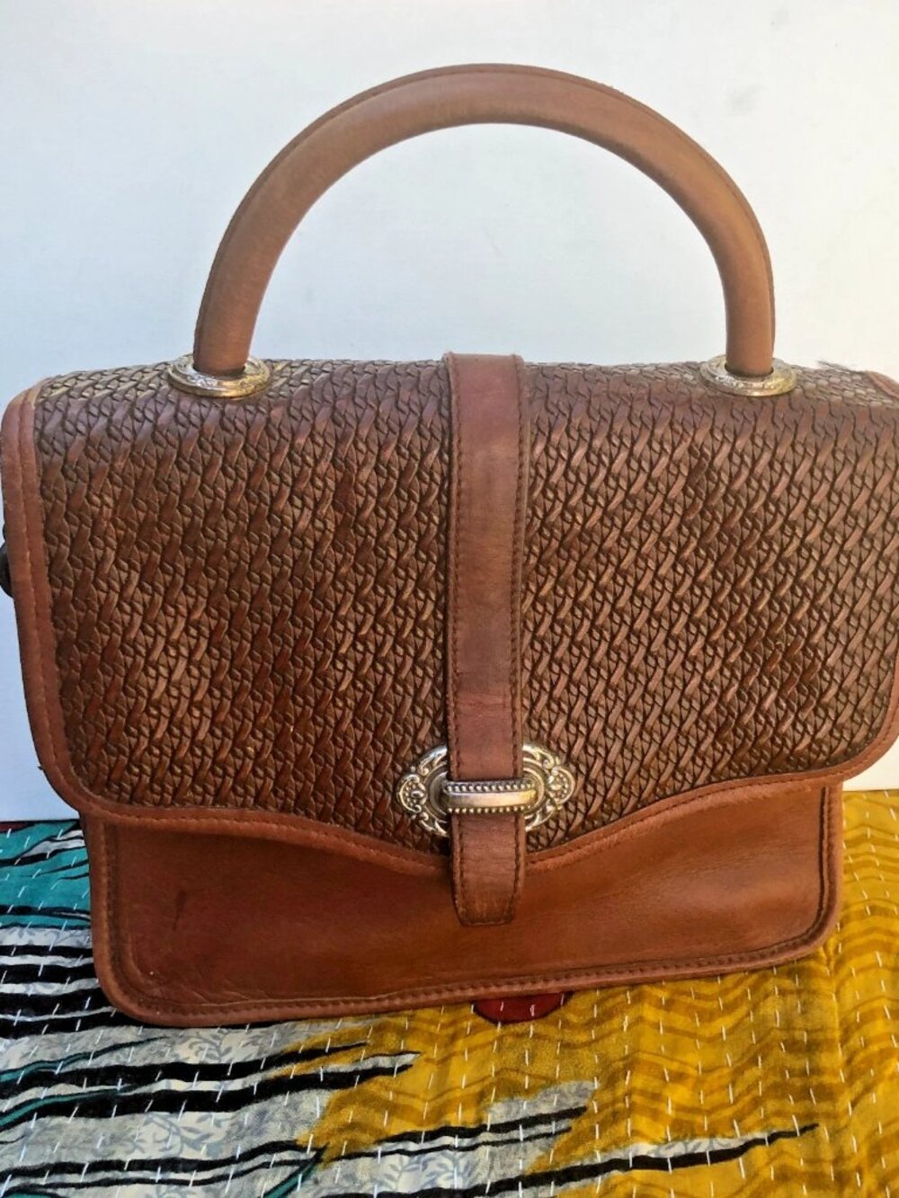 Vintage Fossil Brown Leather Woven Top Handle Satchel Briefcase Purse